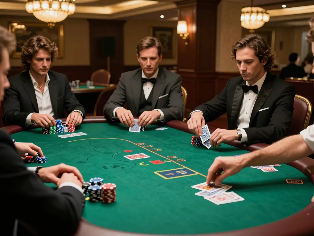 Players at a poker table concentrating during a game on https://va88.now/, showcasing chips and cards.