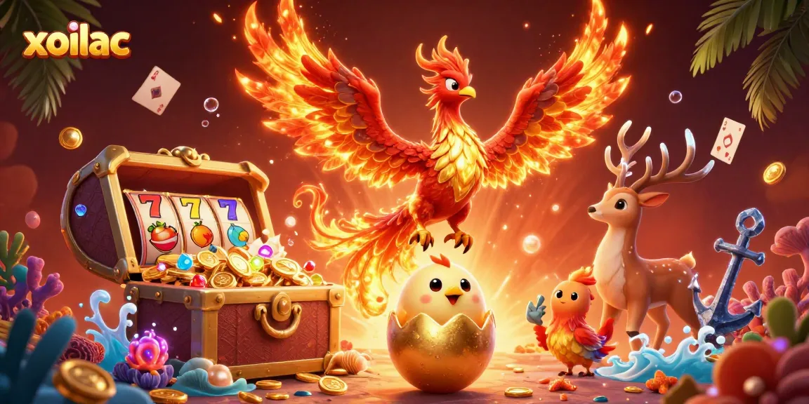 Experience thrilling wins at xoilac with a vibrant casino scene featuring a phoenix and slot reels.