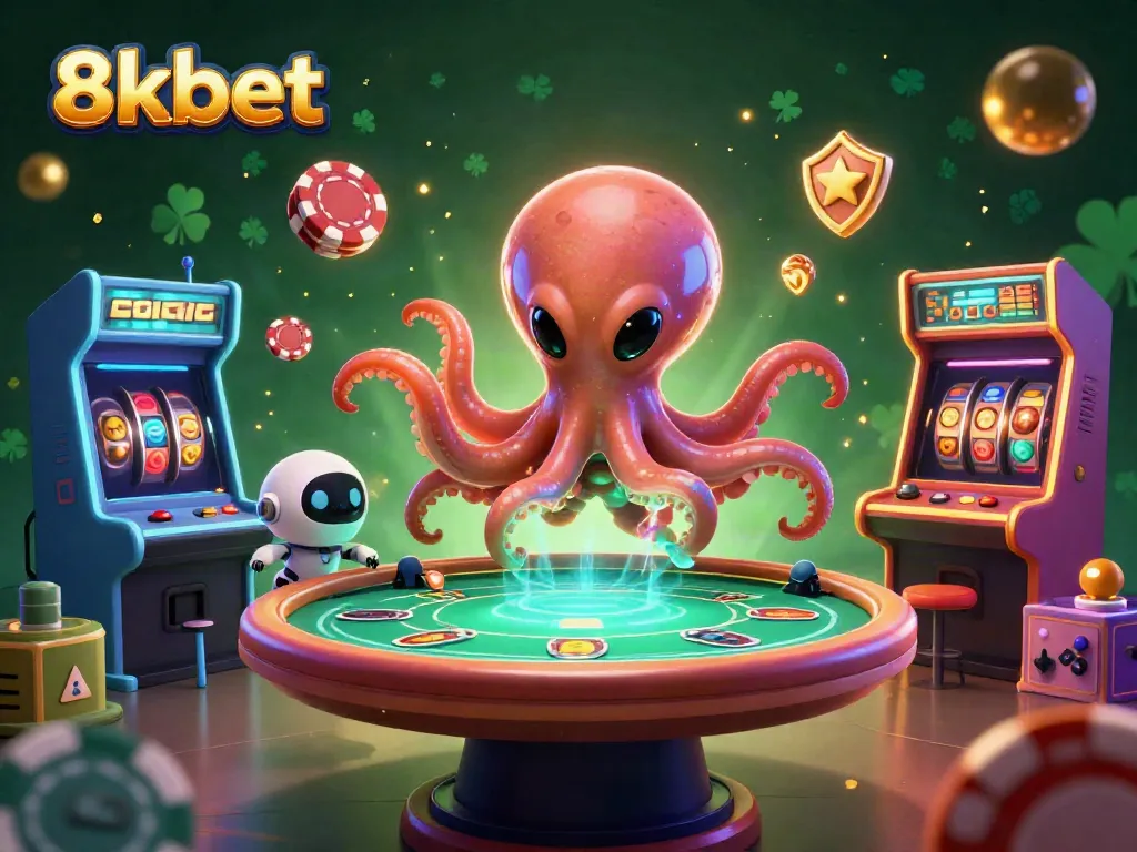 Engage in the thrilling universe of 8kbet with a vibrant scene of a space octopus playing poker.