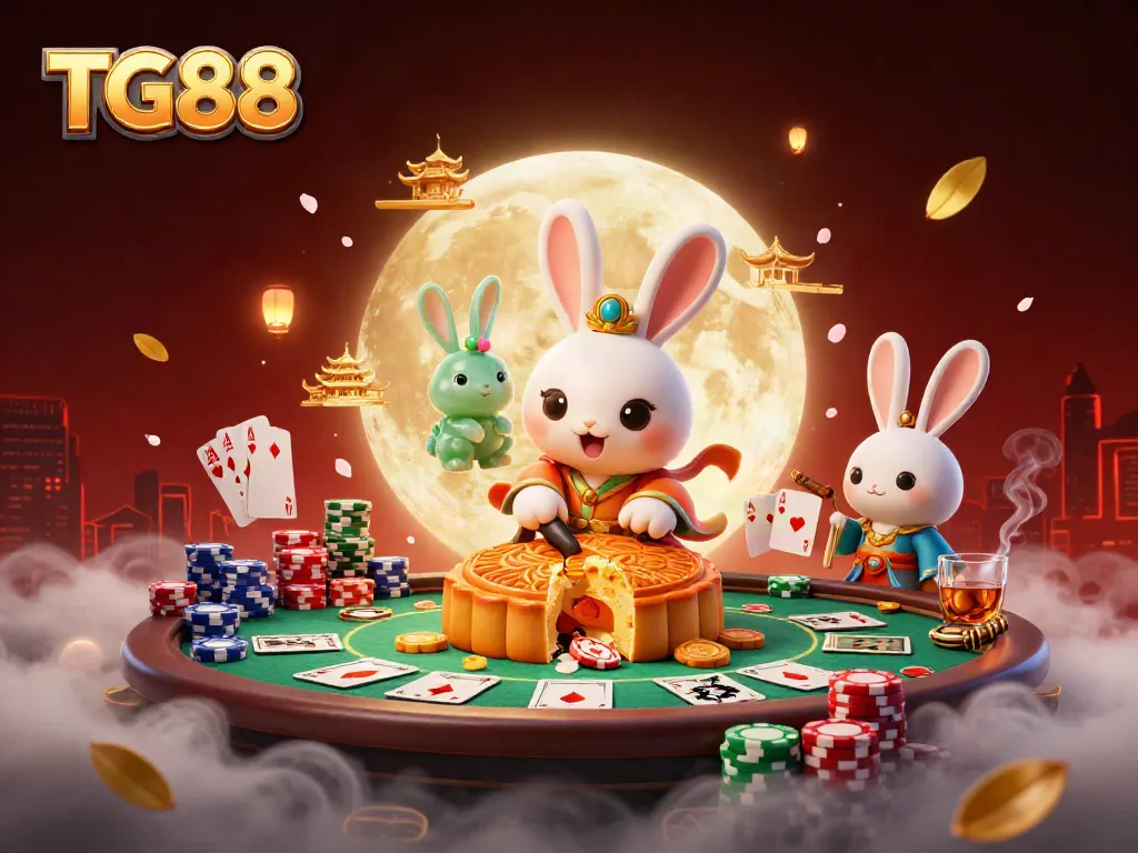 Experience the excitement of TG88 with a folklore scene featuring a moon rabbit and poker elements.