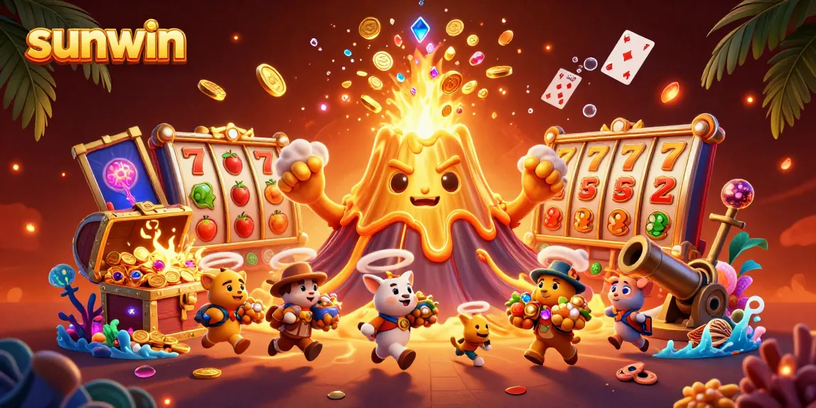 Sunwin erupts with treasures in a vibrant casino scene, showcasing slots and colorful gems.