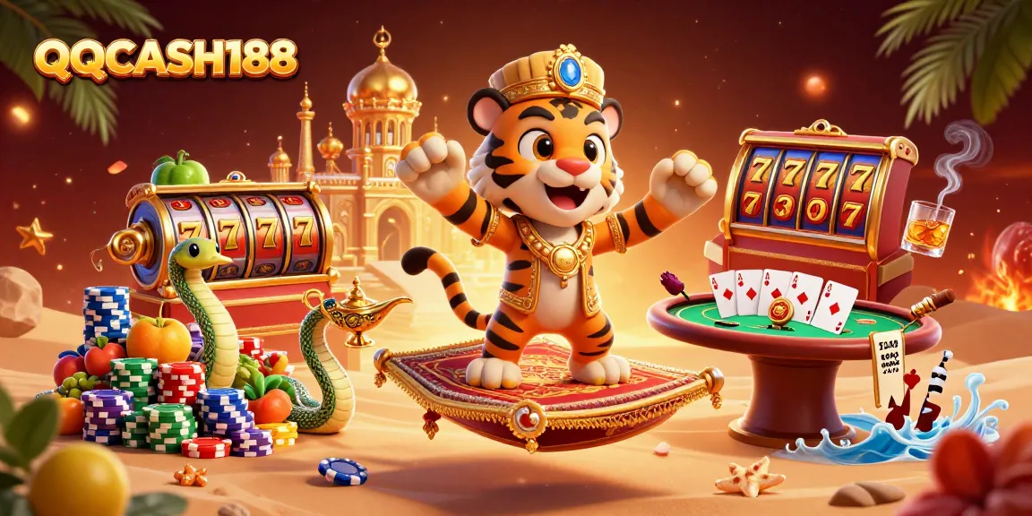 Experience the thrills of QQCASH188 with a vibrant, dynamic gambling scene featuring a sultan, magic, and slot games.