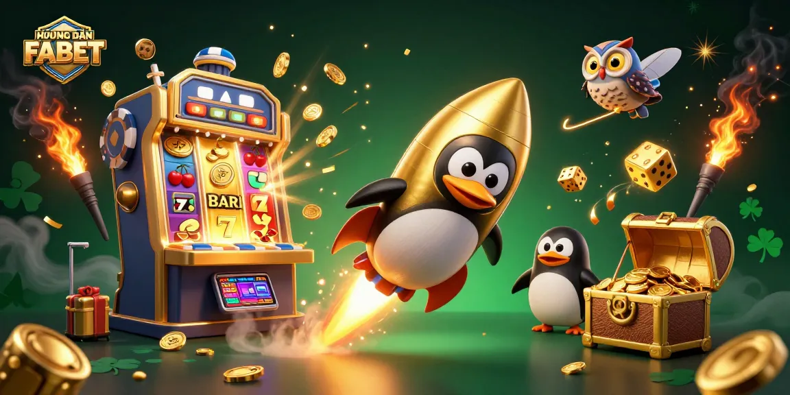 HƯỚNG DẪN FABET showcases a golden penguin in a vibrant casino cosmos, capturing the spirit of joy and luck.