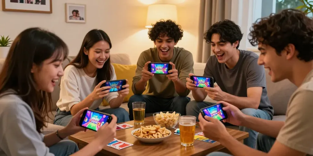 Friends enjoying the 3 Patti No1 mobile game together in a cozy living room.