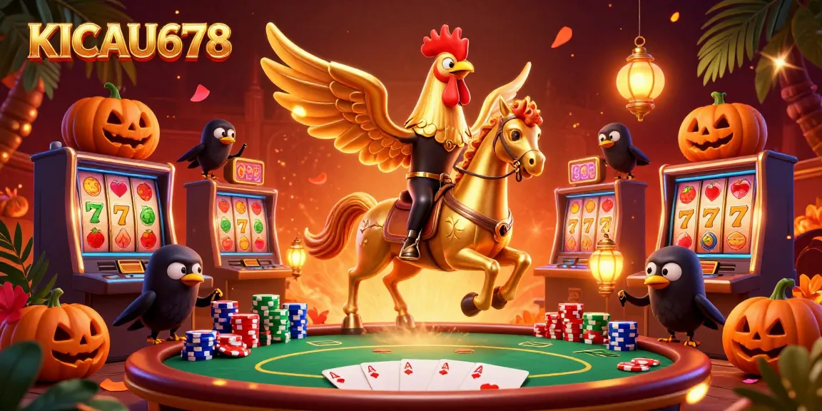 KICAU678 showcases a vibrant casino scene with a golden rooster ride amidst slot games, embodying excitement.