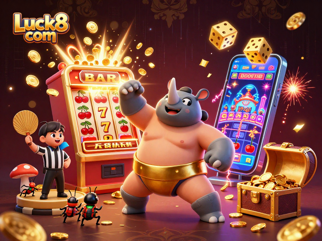 Experience thrilling wins at Luck8 com with a vibrant casino scene featuring dynamic characters and game elements.