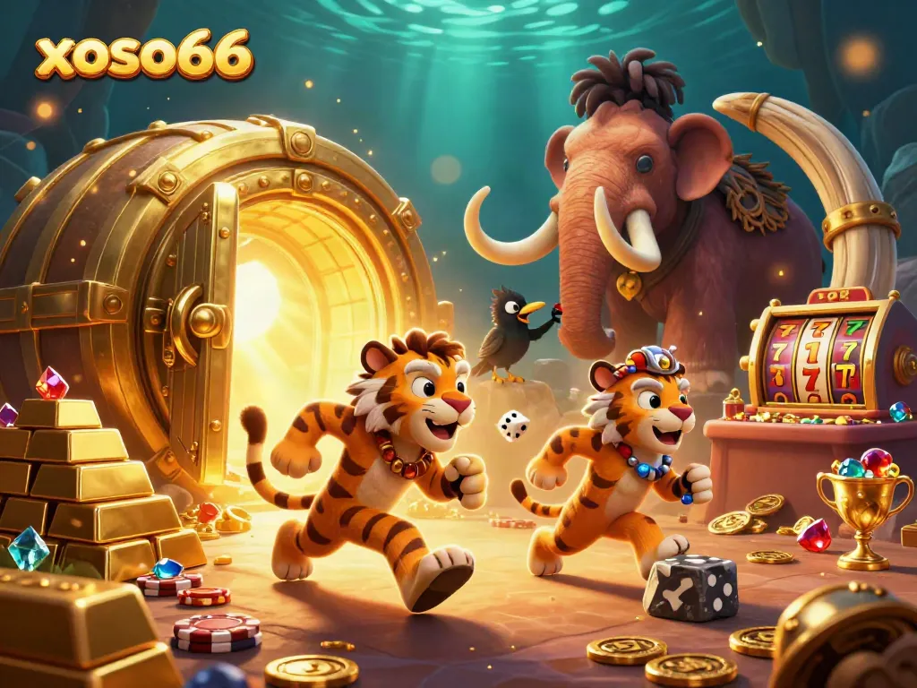 Spin to win with xoso66 in a vibrant prehistoric casino scene featuring cartoon cavemen.