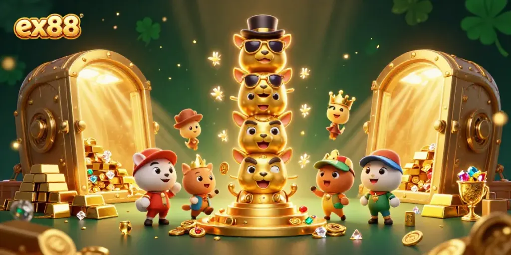 Experience the exciting world of ex88 with a vibrant casino illustration showcasing a totem pole and treasures.