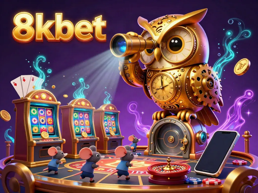 Engage with 8xbet in a vibrant casino scene featuring a golden owl, lively games, and rich visuals.