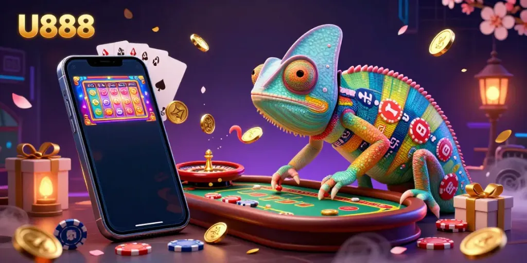 Experience the thrilling U888 gaming atmosphere with a colorful chameleon casino owner, golden coins, and vibrant games.