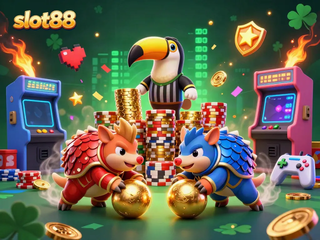 Experience the excitement of slot88 with rival pangolins bowling through piles of poker chips in a vibrant 3D scene.