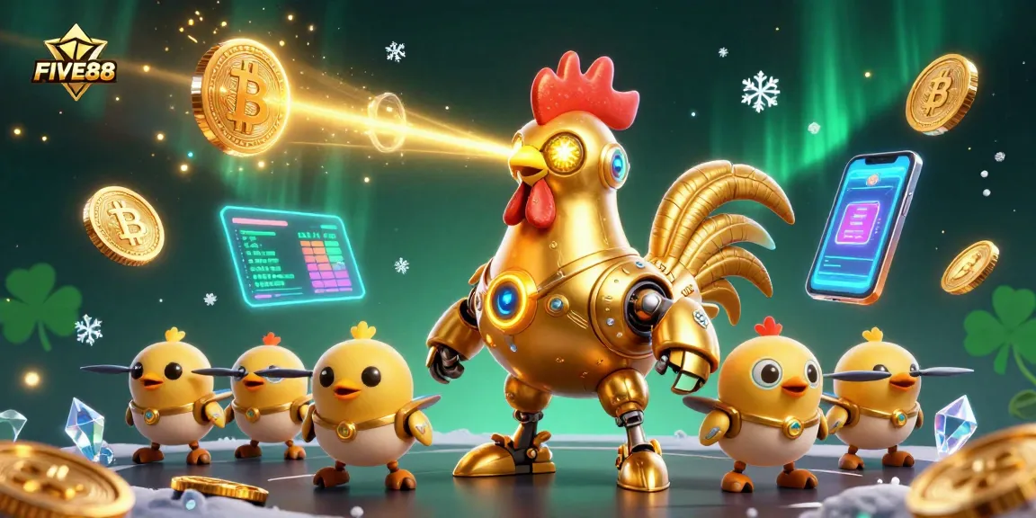 Experience thrilling games at FIVE88, where the golden robot leads a vibrant casino adventure.