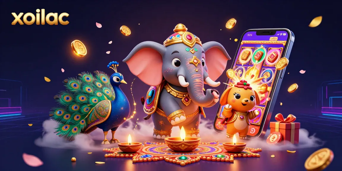 Xoilac showcases thrilling gambling excitement with a vibrant 3D elephant and colorful gaming elements.