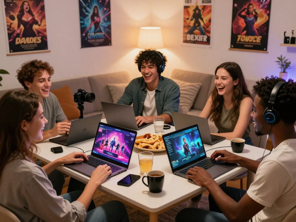 A lively gaming scene with friends enjoying lewdspot's popular sex games on various devices.