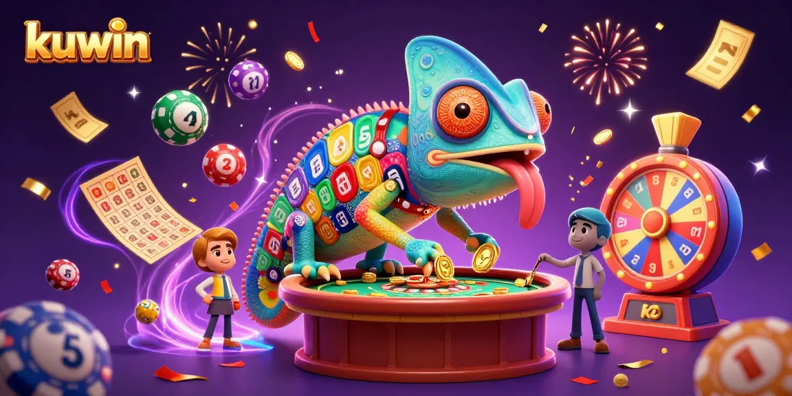 Engage in thrilling games at kuwin with a vibrant casino ambiance featuring colorful lottery balls and a charming chameleon host.
