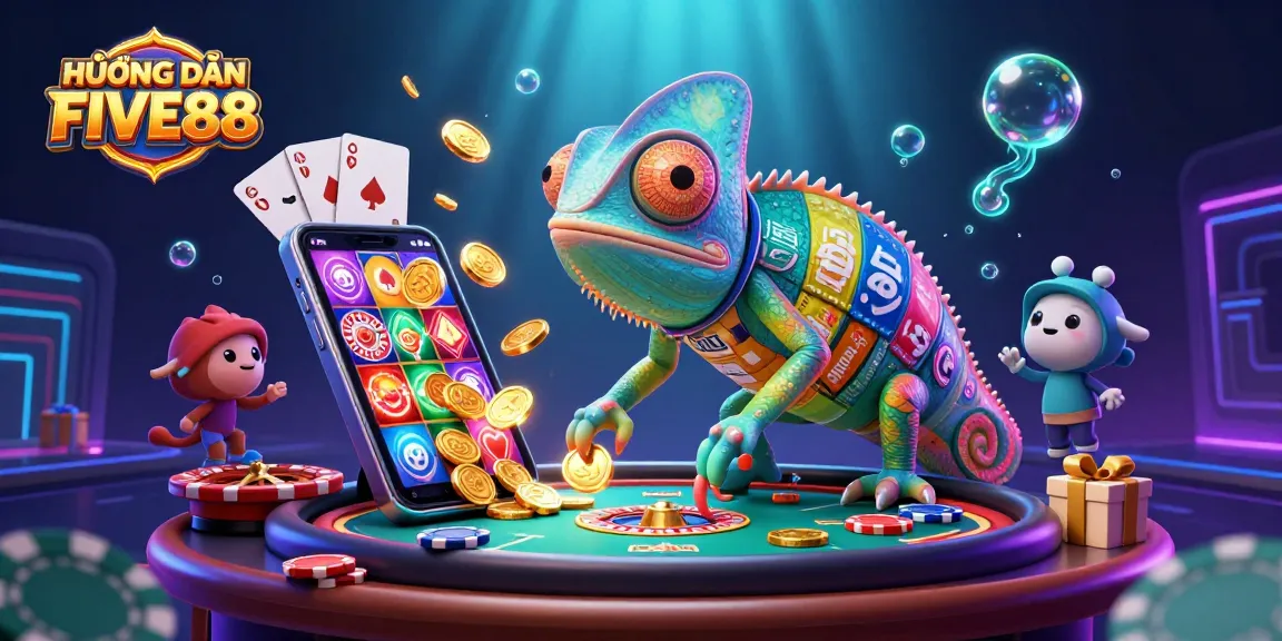 HƯỚNG DẪN FIVE88: Colorful 3D casino scene featuring a chameleon owner, coins, and slot games.