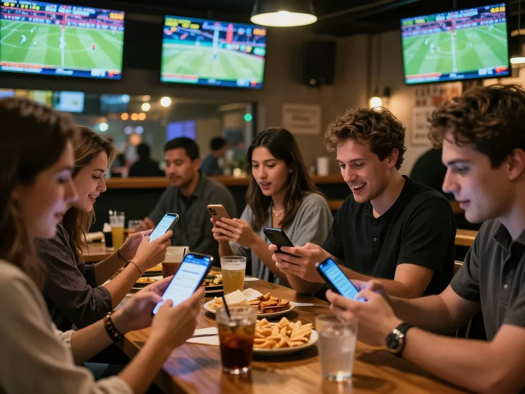 Engaged sports bettors using 7mz app on smartphones at lively sports bar.