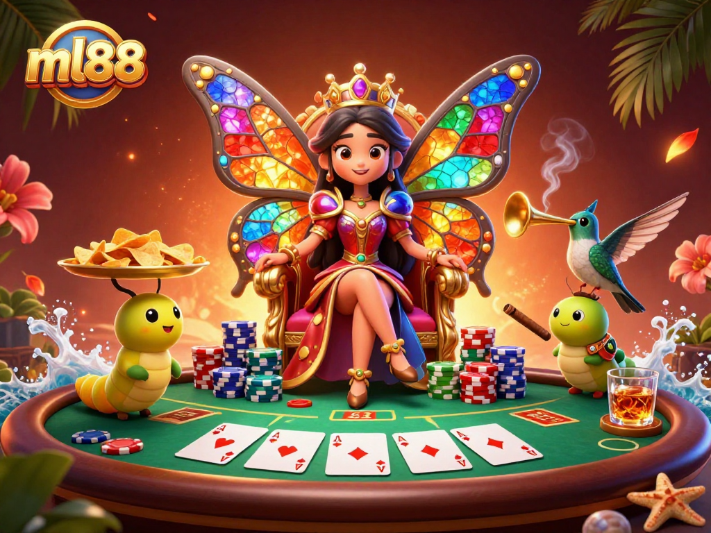 Experience the vibrant gaming world of ml88 with a thrilling casino scene featuring a butterfly queen.