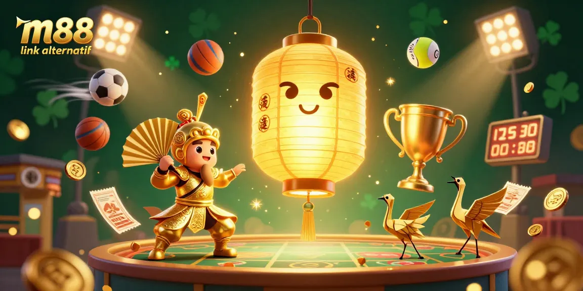 Experience M88 link alternatif with this vibrant scene of golden lantern spirit and sports elements in a dynamic casino.