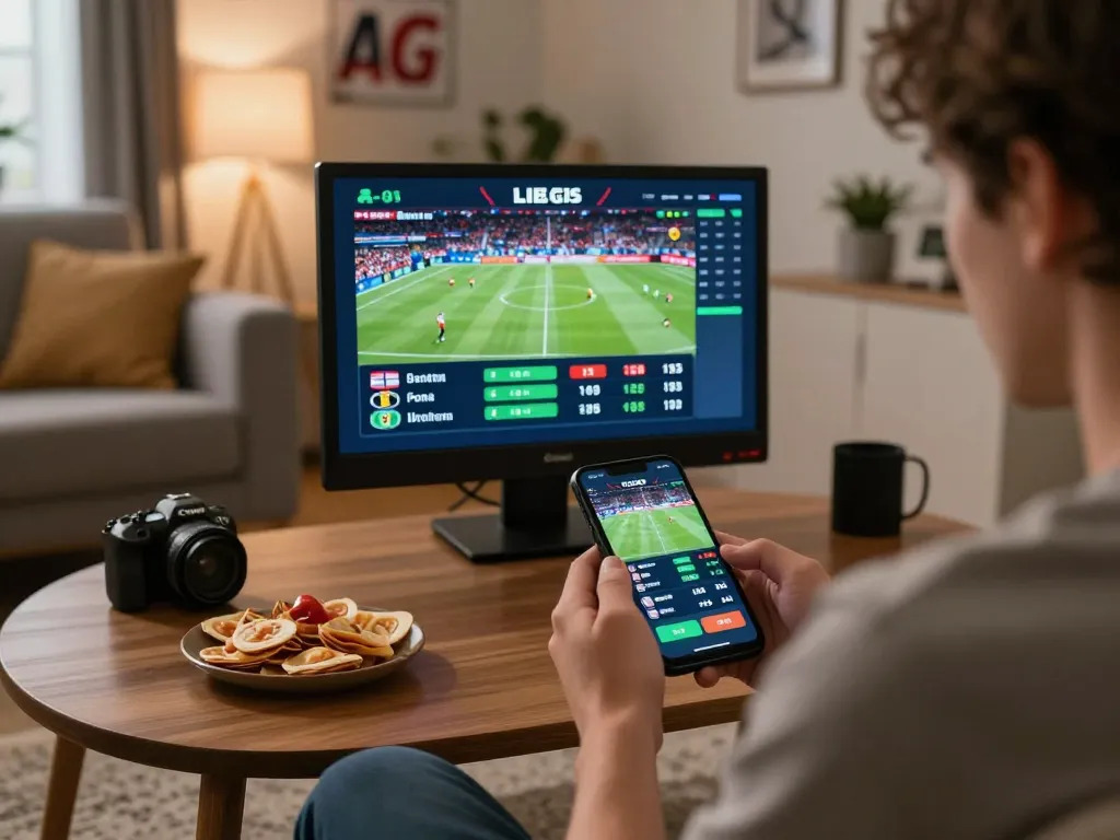 Betting on sports via OKFUN on mobile in a cozy home setting with snacks.