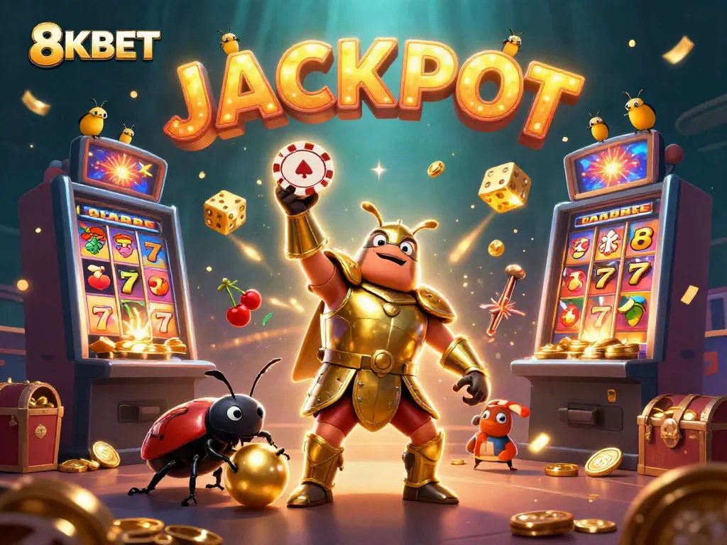 Experience the thrill of 8KBET with a heroic beetle lifting a poker chip amidst casino excitement.
