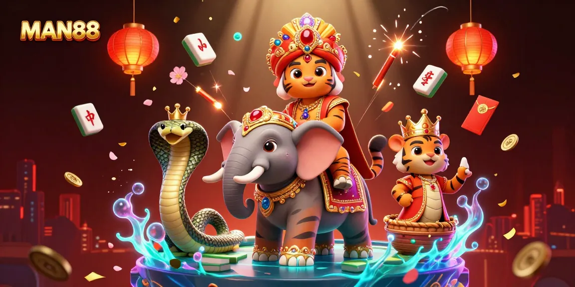 Play at MAN88 to enjoy thrilling adventures in a vibrant casino world with winners celebrating.