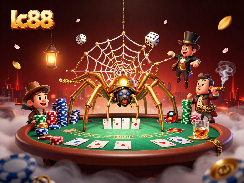 lc88 online casino scene featuring a steampunk spider and poker elements, showcasing vibrant gambling action