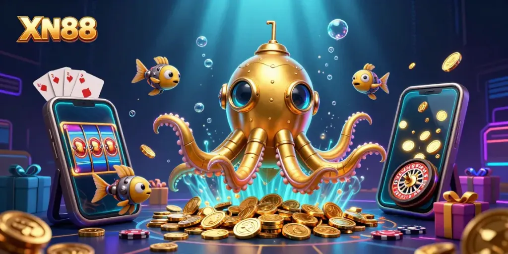 Experience vibrant gameplay at XN88 with the golden kraken submarine amidst swirling golden coins and casino elements.