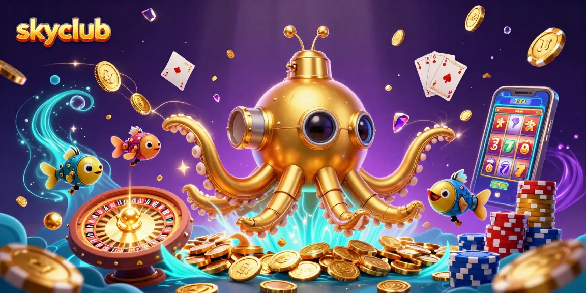 Skyclub features an elaborate golden kraken submarine amidst coins and casinos, showcasing thrilling gaming action.