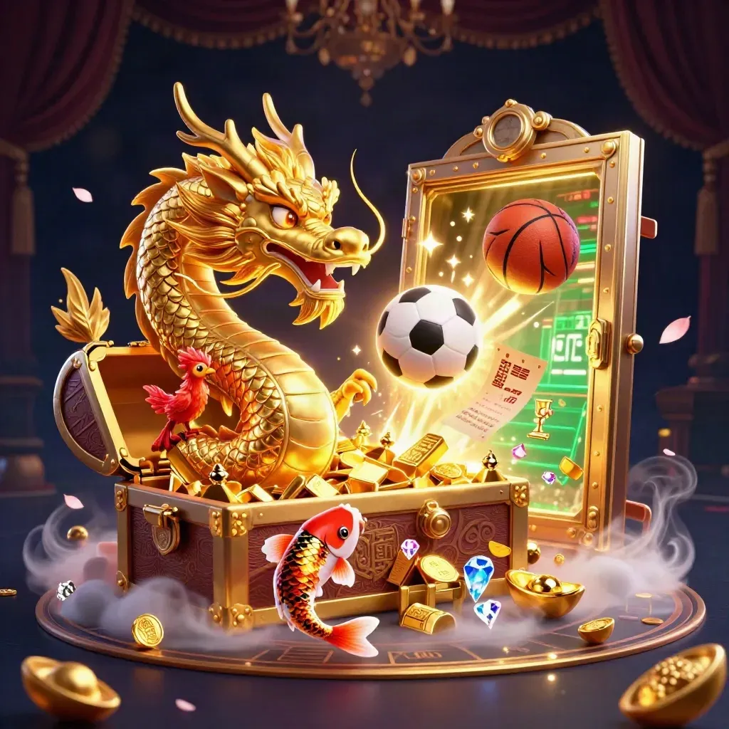Golden dragon, phoenix and koi amid exploding casino loot, sports balls and neon vault light.