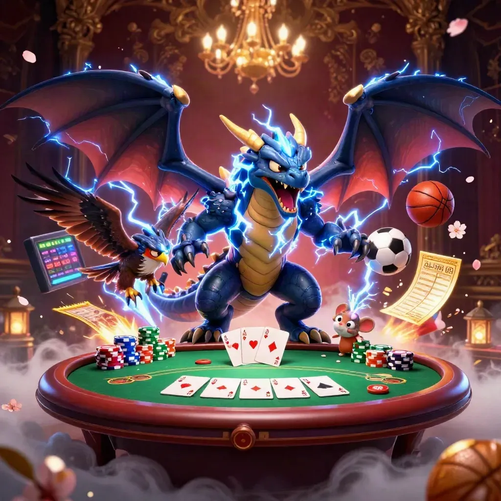 Thunder dragon, wind hawk, and static mouse amid casino treasure and neon lightning.