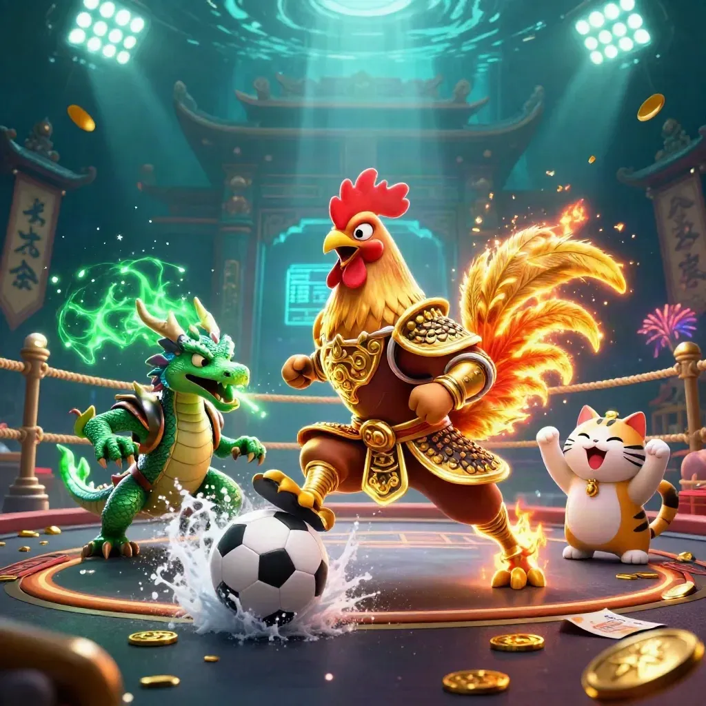 Rooster samurai, dragon hatchling, and lucky cat amid soccer and basketball action, gold sparks flying.