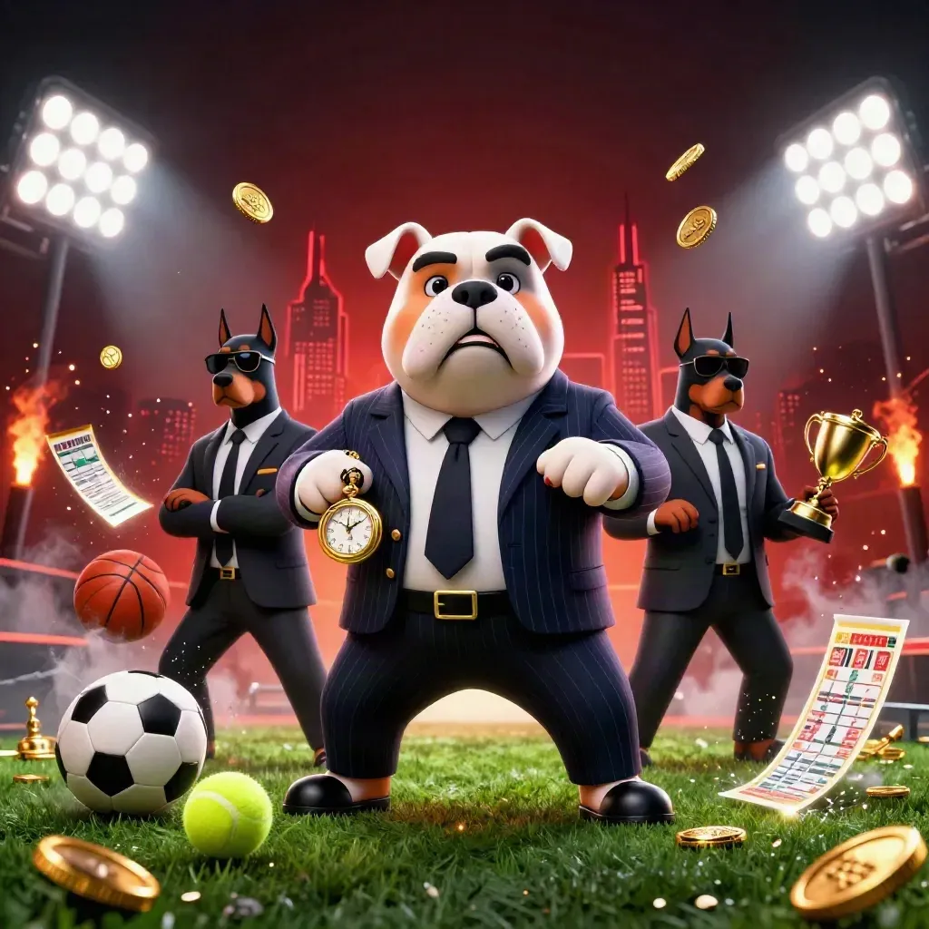 Bulldog mob boss and Doberman guards amid flying balls, coins, trophy and stadium lights.