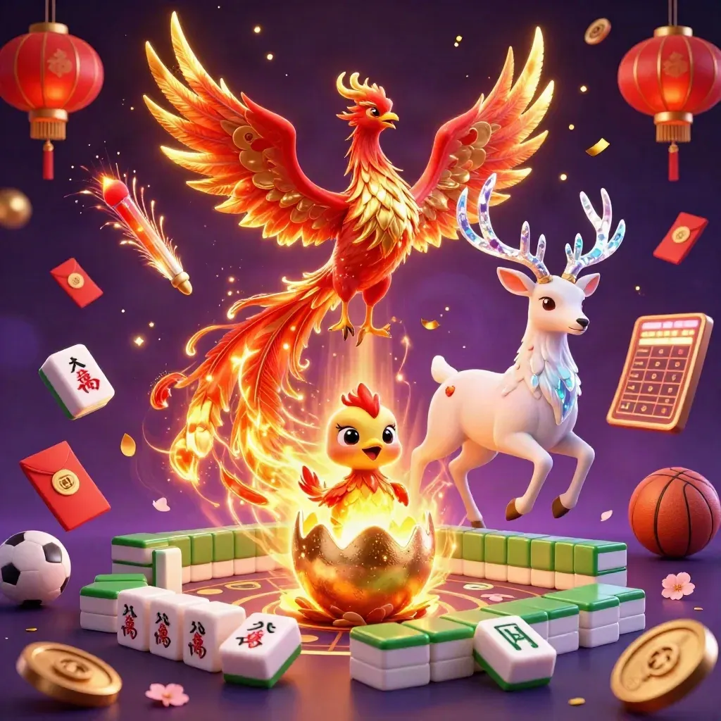 Phoenix, hatchling, and crystal stag amid casino icons in neon gold and purple.