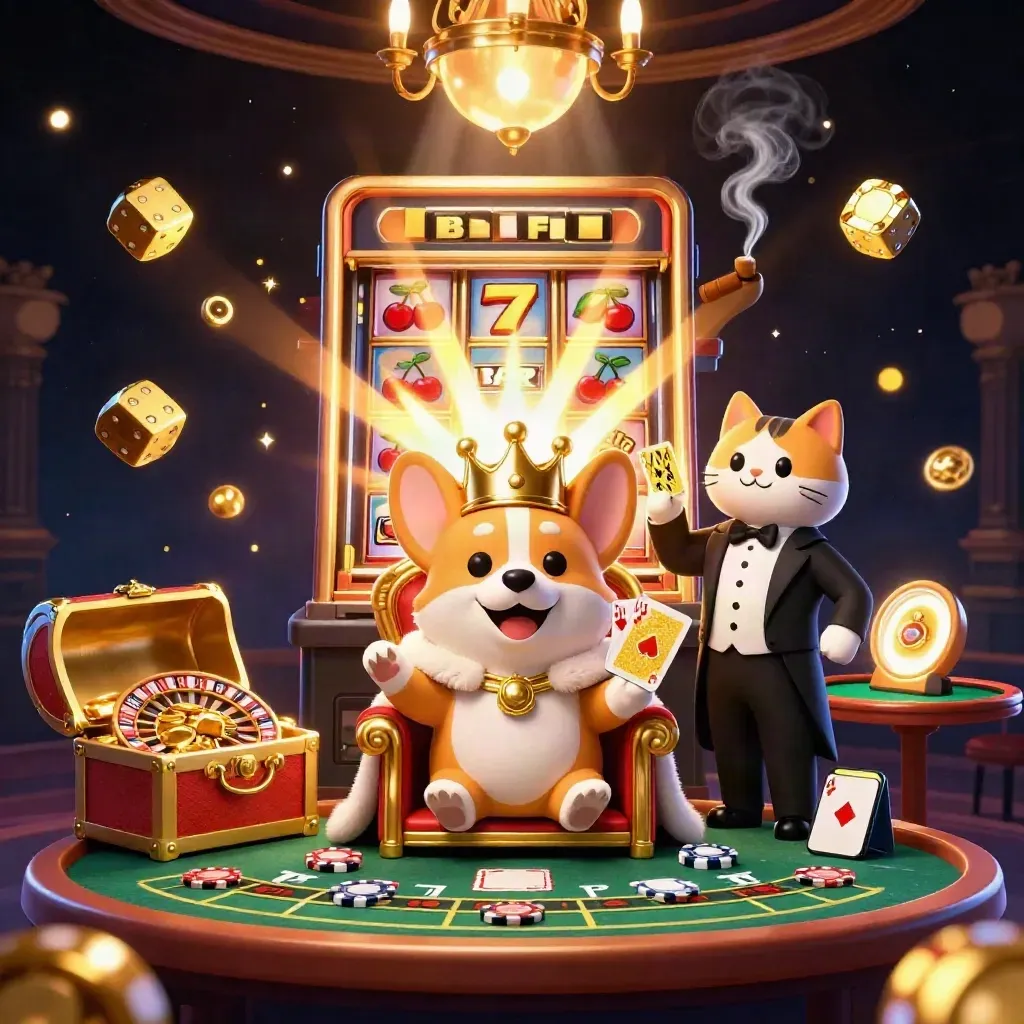 Royal corgi and cat butler amid casino magic, jackpot symbols, gold, and dramatic neon glow.