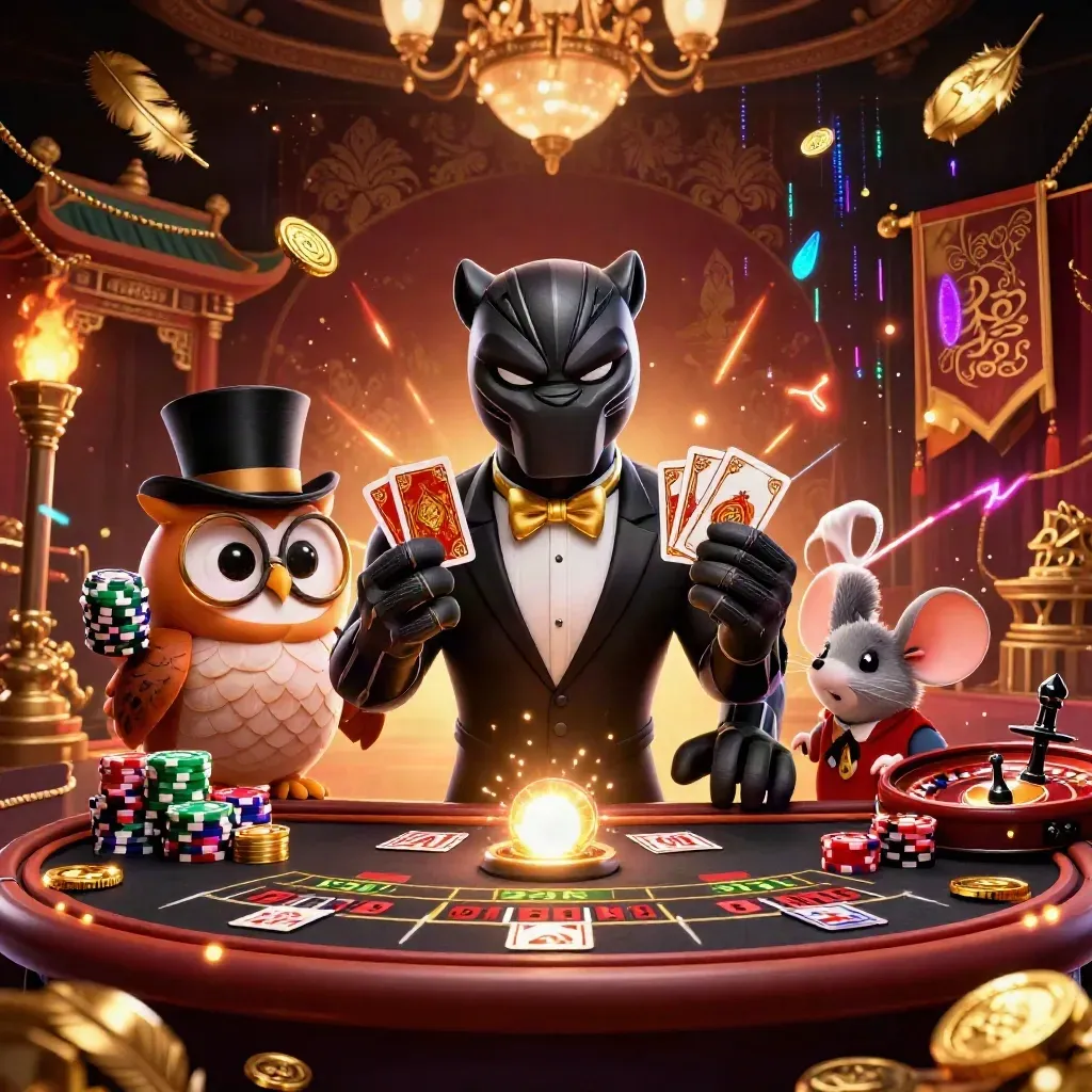 Panther, owl, and mouse in a luxe casino hall with chips, coins, and neon glow.
