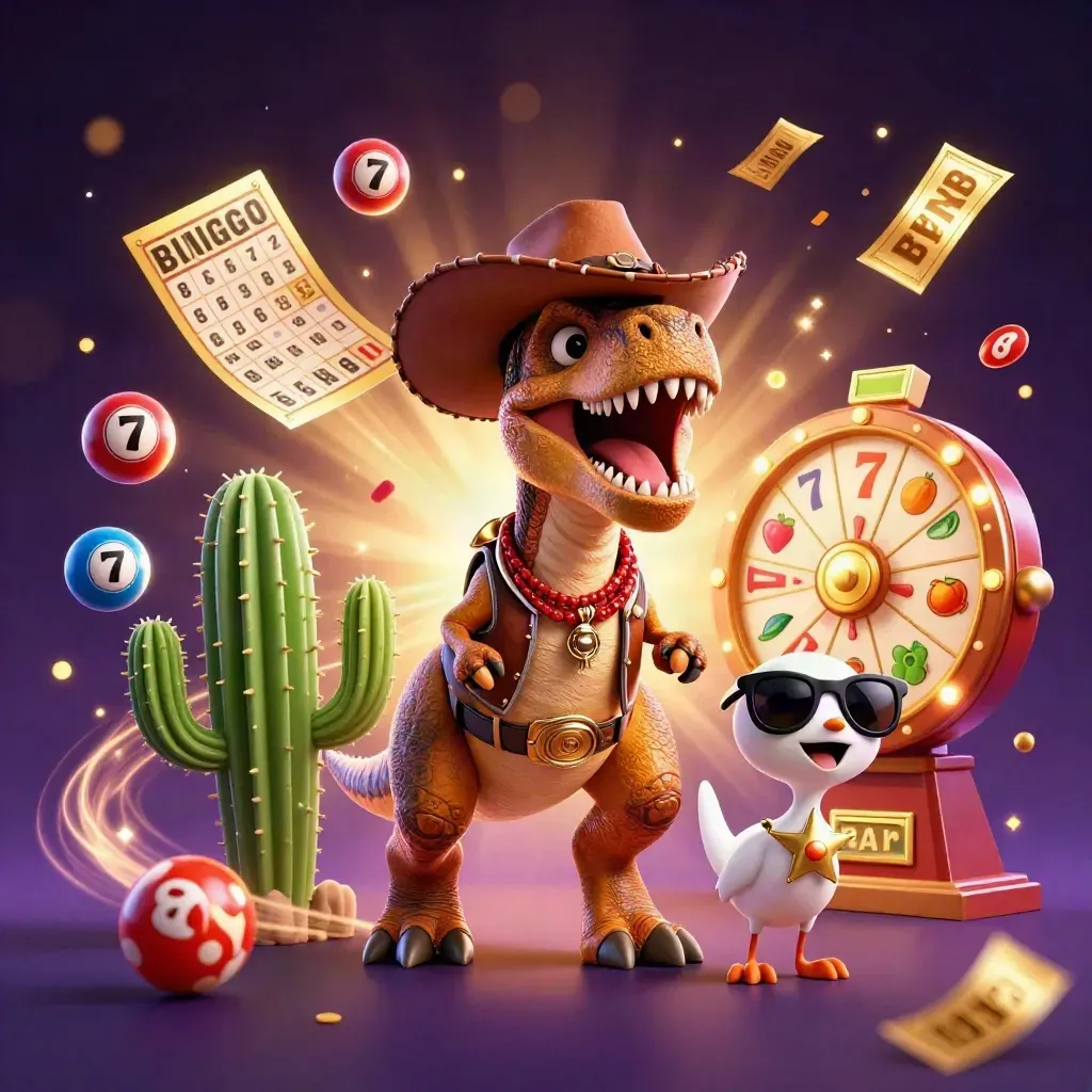 Cowboy T-Rex, cactus sidekick, and sheriff roadrunner amid gold casino loot and starry purple glow.