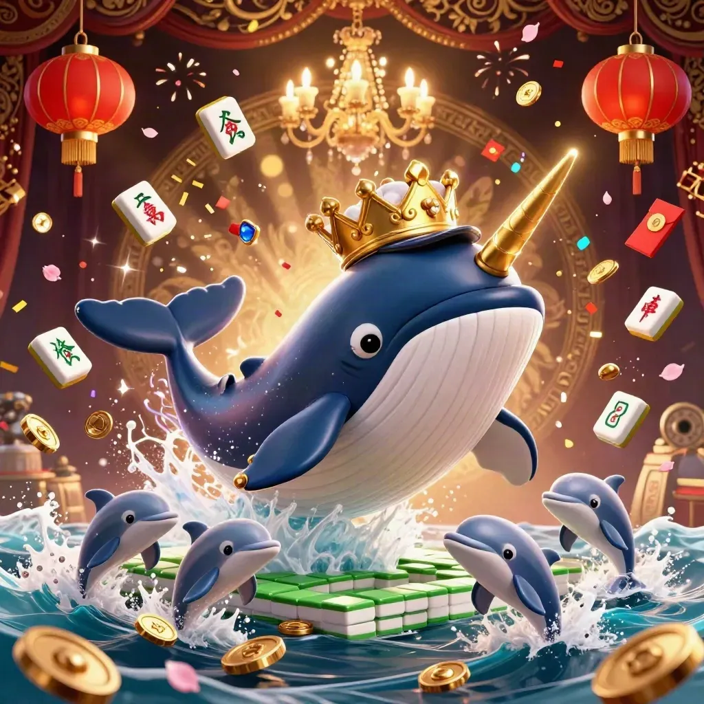 Whale captain, narwhal and dolphins burst through coins with lanterns and jade sparks