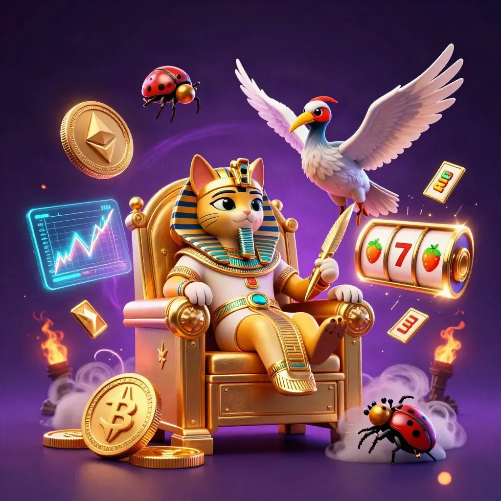 Pharaoh cat on a throne with ibis scribe, scarab wings, coins, lightning, and treasure glow