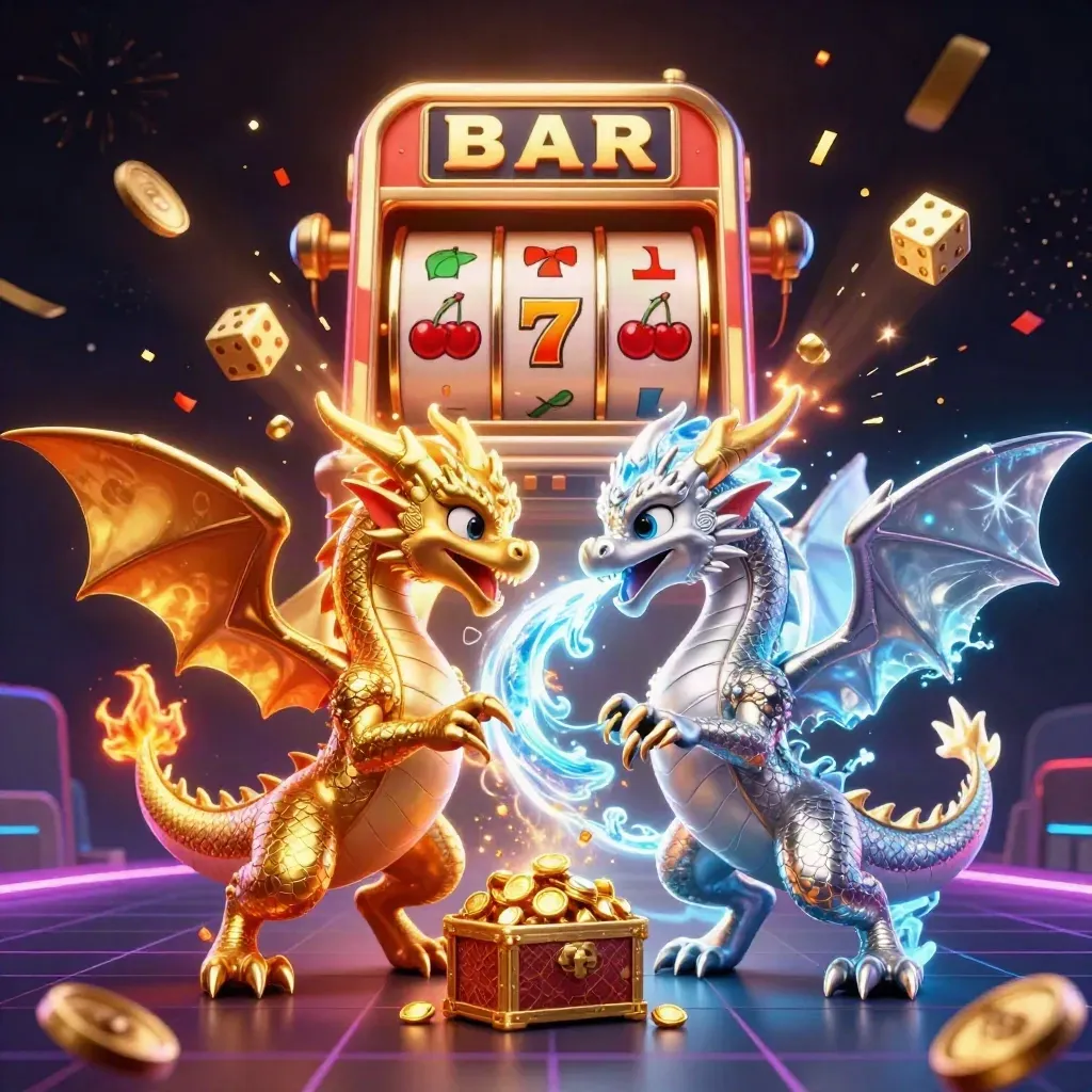 Gold and silver dragons spiral around a lantern spirit amid treasure, dice, slots, and neon casino light.