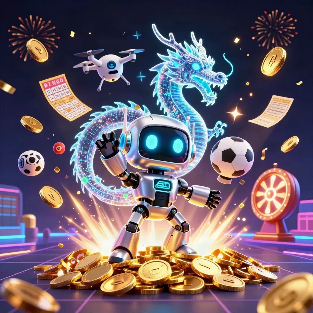 Robot mascot, holographic dragon, and coin drone amid casino confetti, coins, balls, and fireworks.