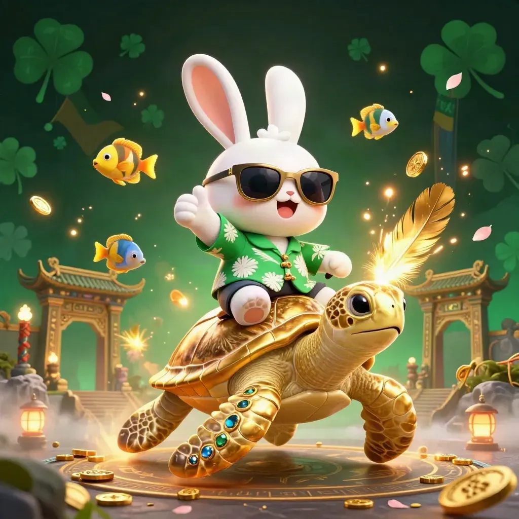 Lucky rabbit rides a gem-shell turtle amid gold, petals, runes, and tropical casino magic.