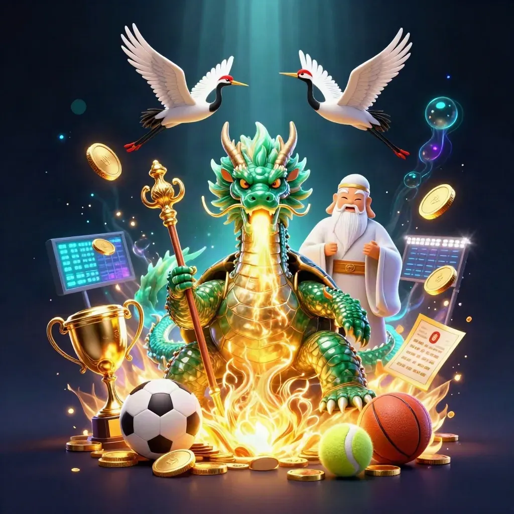 Emerald dragon, turtle sage and cranes amid coins, sports balls, trophy, fire and neon casino glow.