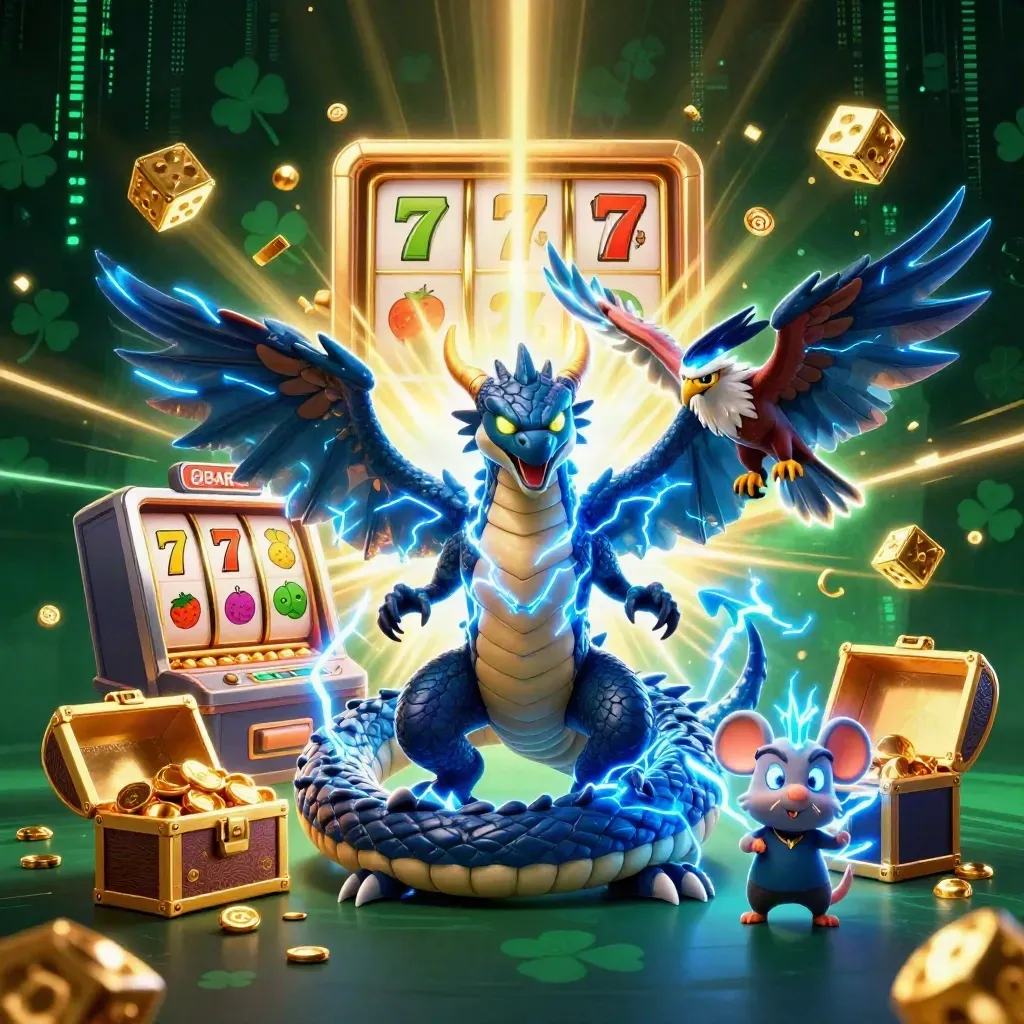 Thunder dragon, wind hawk, and static mouse burst from a jackpot slot machine in neon casino glow.
