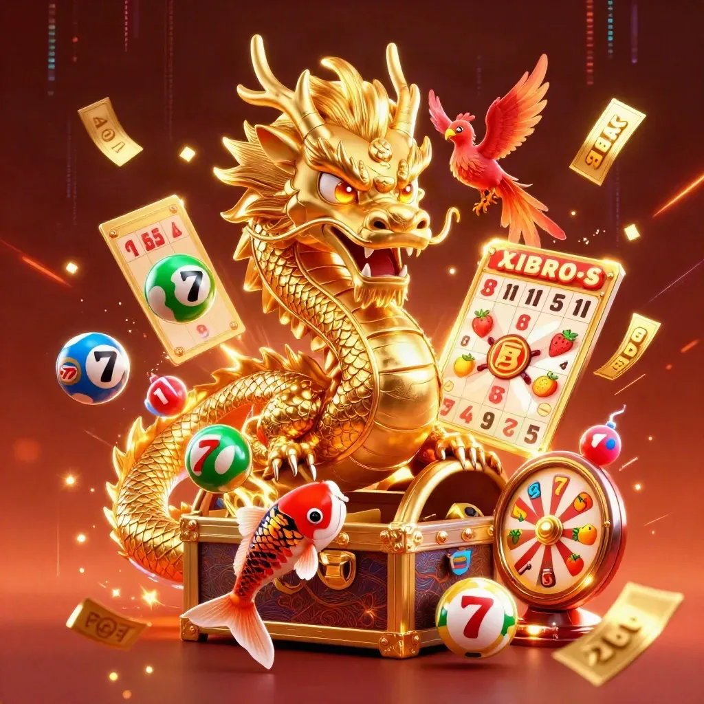 Golden dragon, phoenix and koi exploding with casino props in ember-lit dark crimson glow.