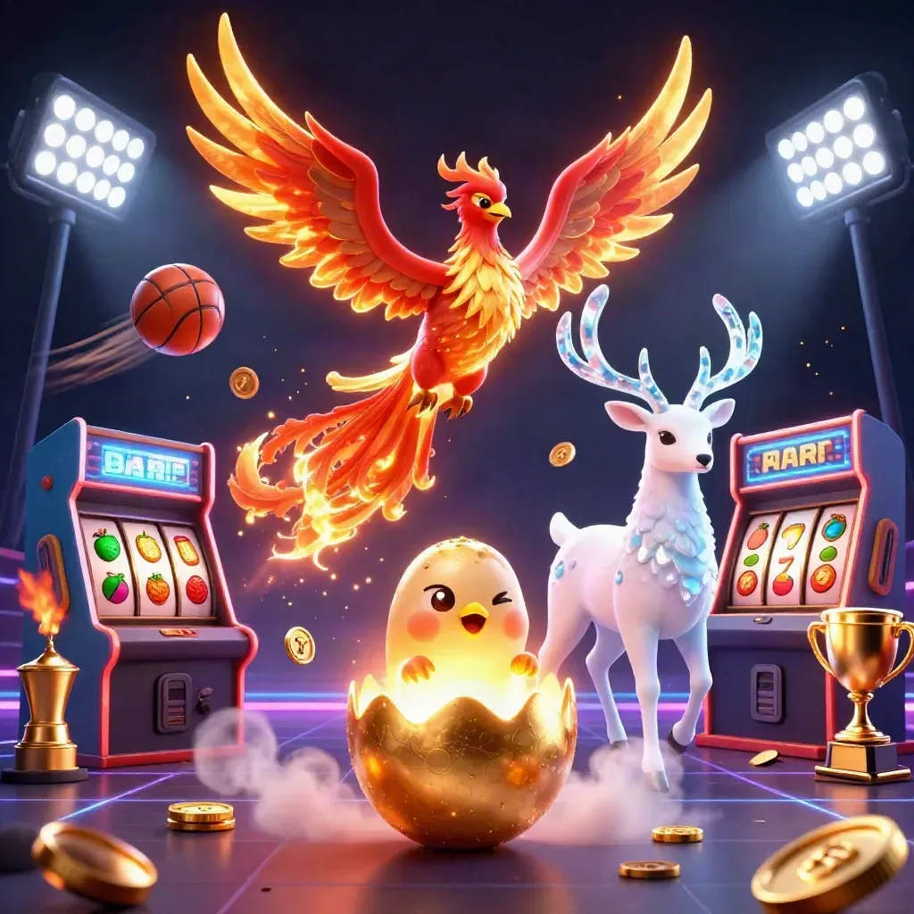 Phoenix trio with casino lights, coins, trophies, and neon game effects on a dark grid.