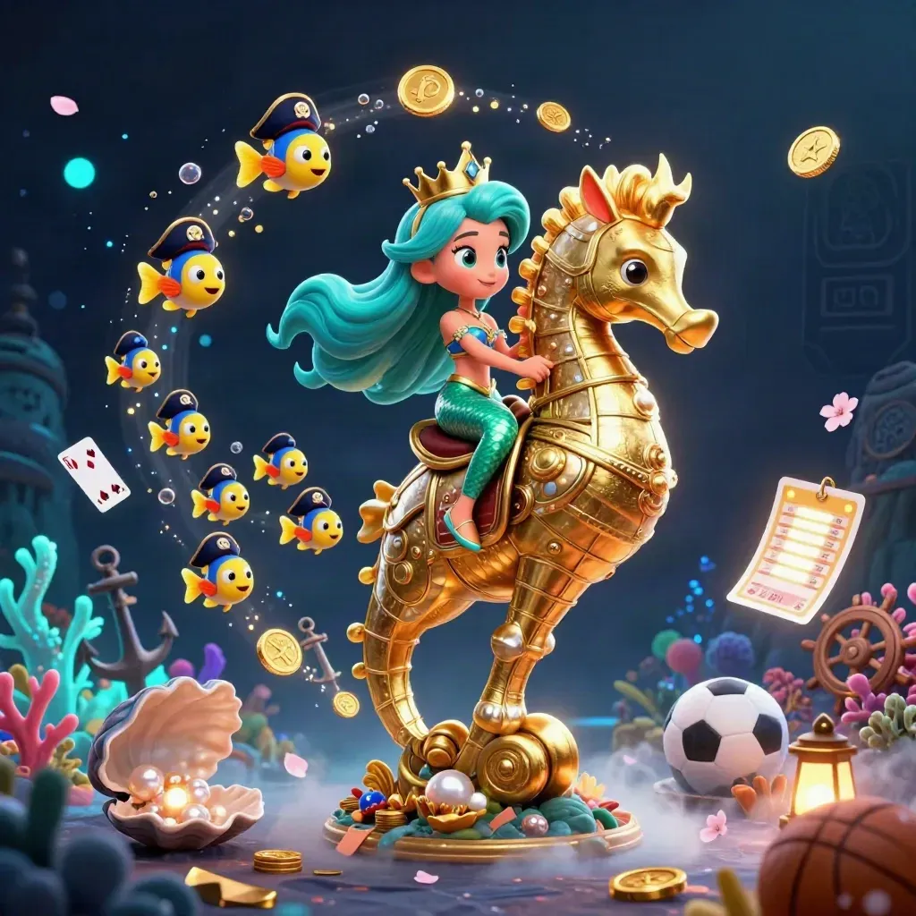 Mermaid princess rides armored seahorse amid treasure, cards, sports icons, and casino glow.