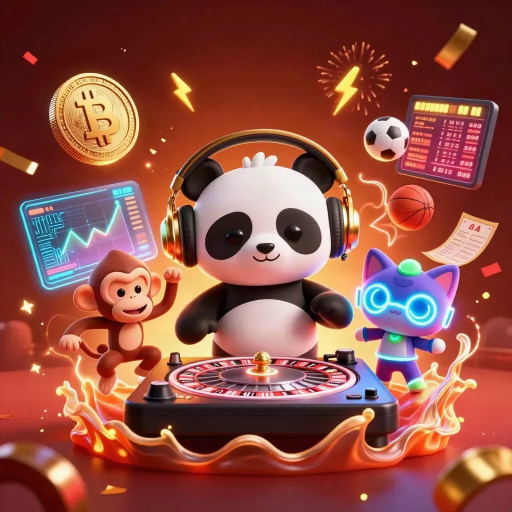 DJ panda, breakdancing monkey, and glow-stick kitten amid casino and sports betting energy.
