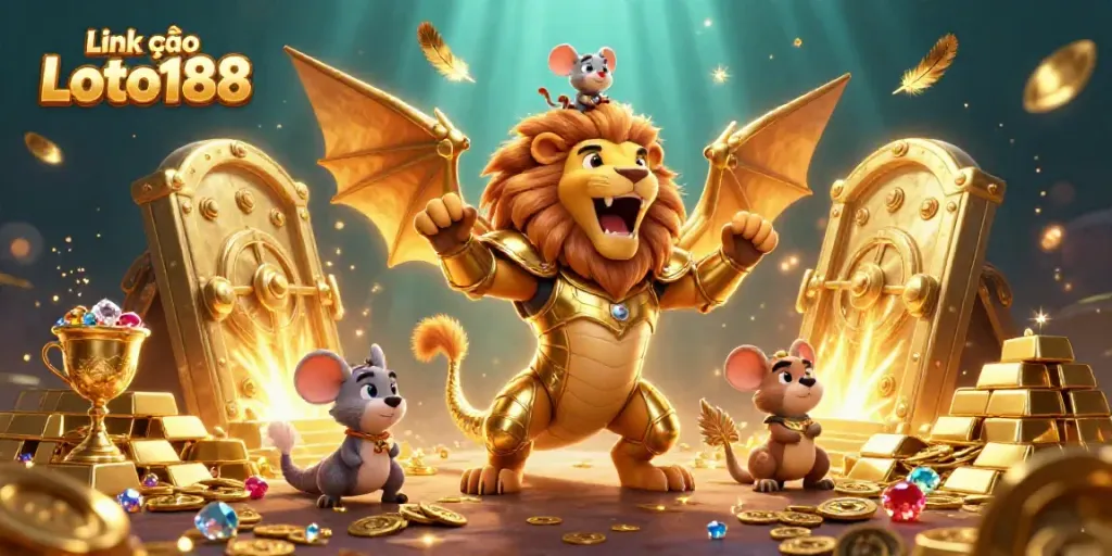 Capture the excitement with Link vào Loto188, showcasing a victorious chimera and treasures in a vibrant casino scene.