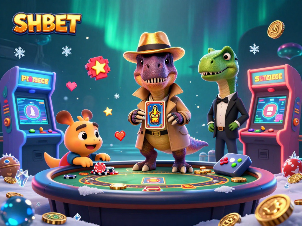 Engage with SHBET in a vivid casino scene featuring animated dinosaurs amid colorful game elements.
